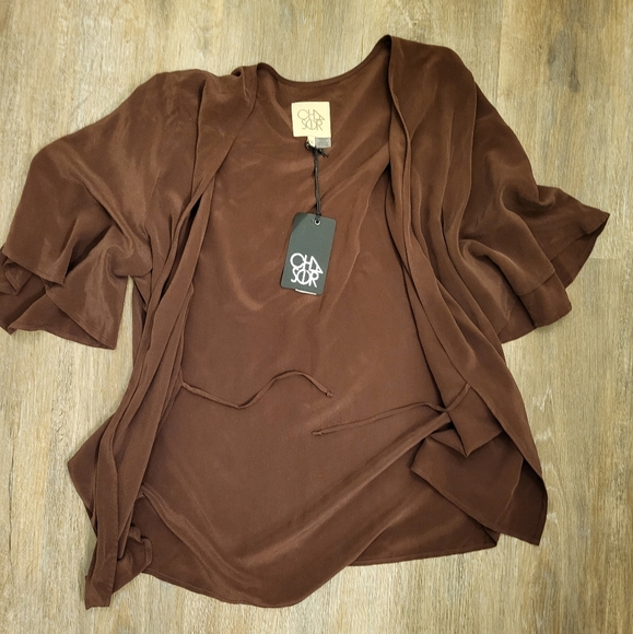 Revolve Chaser 100% Silk Burgundy Flounce Sleeve Wrap Top Size Medium - Picture 4 of 5